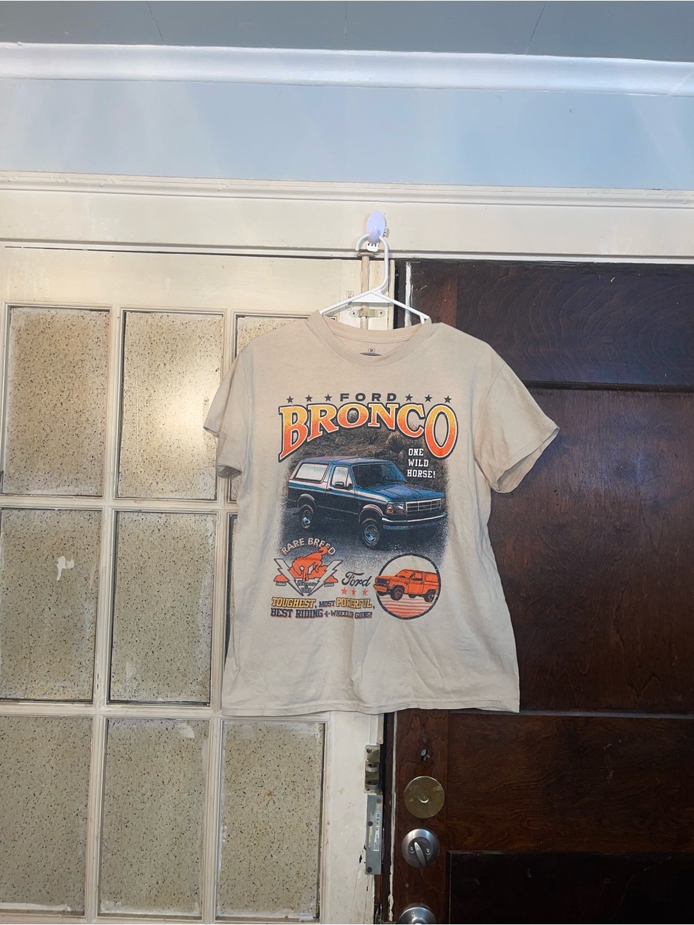 Ford Bronco Graphic Tee in Beige with Orange and Blue Print - Size Medium